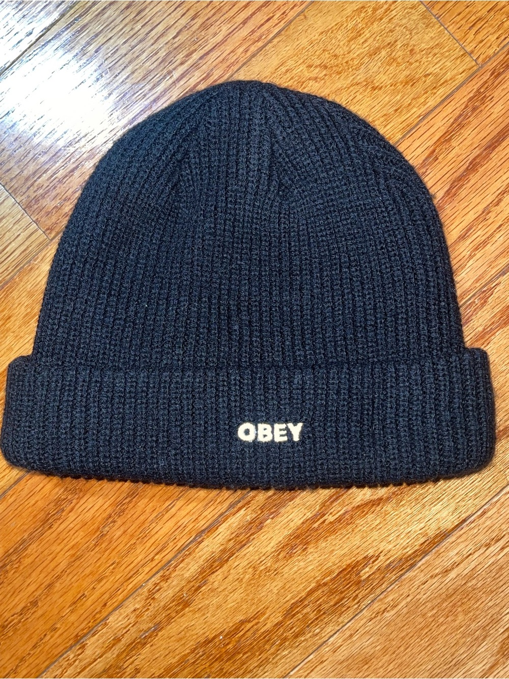 Obey Black Ribbed Cuff Beanie with White Logo